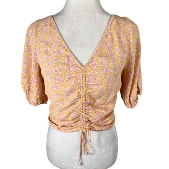 H&M Orange Small Flower V-Neck Drawstring Blouse - Picture 5 of 8